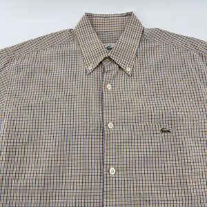 Lacoste Button Down Shirt Men M Orange Blue Checkered Cotton Short Sleeve Pocket